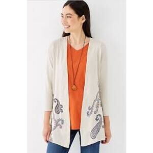 [J. Jill] Oatmeal Heathered Tan Paisley Print Open Front Cardigan Sweater Sz 2X